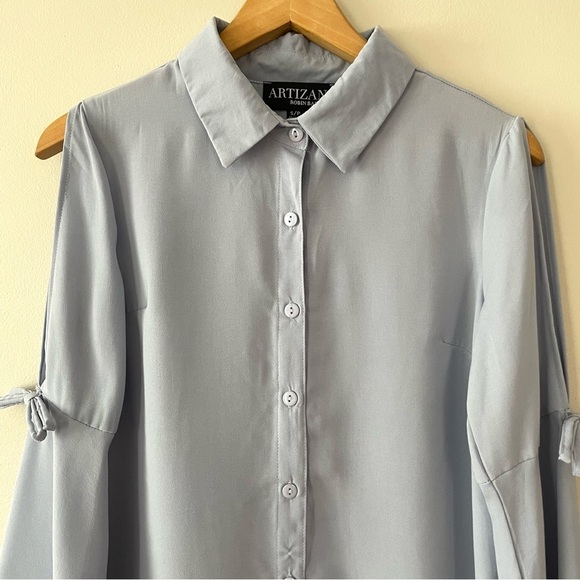 NEW Artizan Robin Barre Blue Button Up Blouse Bell Sleeve (bin 1F) - Picture 2 of 9
